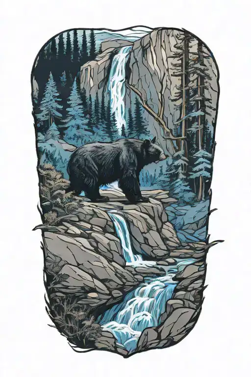 Blue Waterfall And Black Bear Looking Back