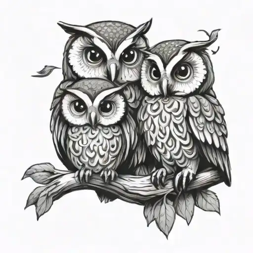 A Mother Owl Hugging Two Twin Baby Boy Owls