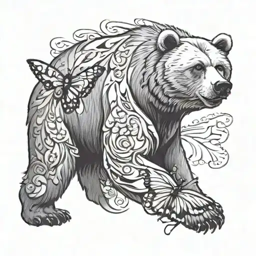 Bear With Butterfly Tattoo Design