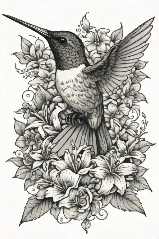 Humming Bird Surrounded By Flowers