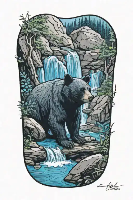 Blue Waterfall And Black Bear Cub Resting