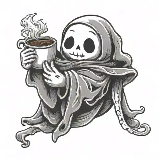 Tiny Ghost Holding Book And Coffee Cup