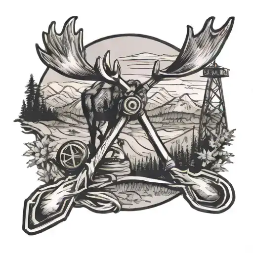 Lacrosse Sticks Crossed With A Mountain Landscape In The Background With A Moose And Pumpjack