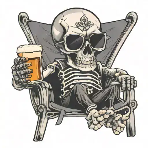Skull Wearing Sunglasses And Holding A Beer Bottle On A Beach Chair