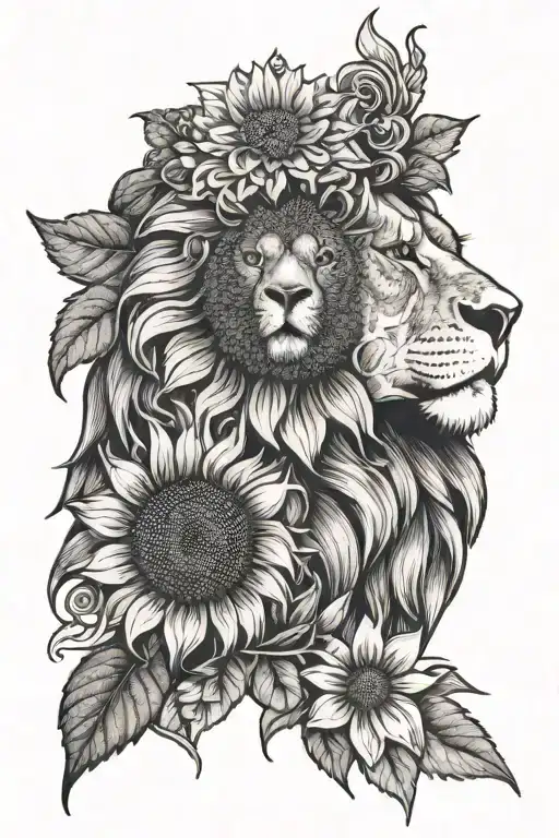 Lion Face With A Sunflower Beneath It And A White Dove Above