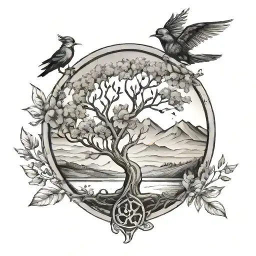 Tree Of Life In Circle With Mountains And Birds Flying