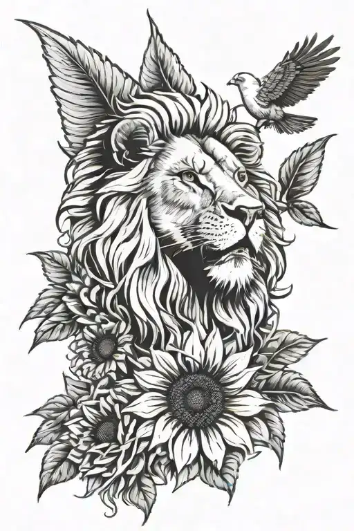 Lion Face With Sunflower And White Dove Flying Above