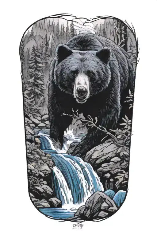 Blue Waterfall And Black Bear Looking