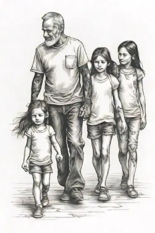 Father With 3 Daughters Walking Hand