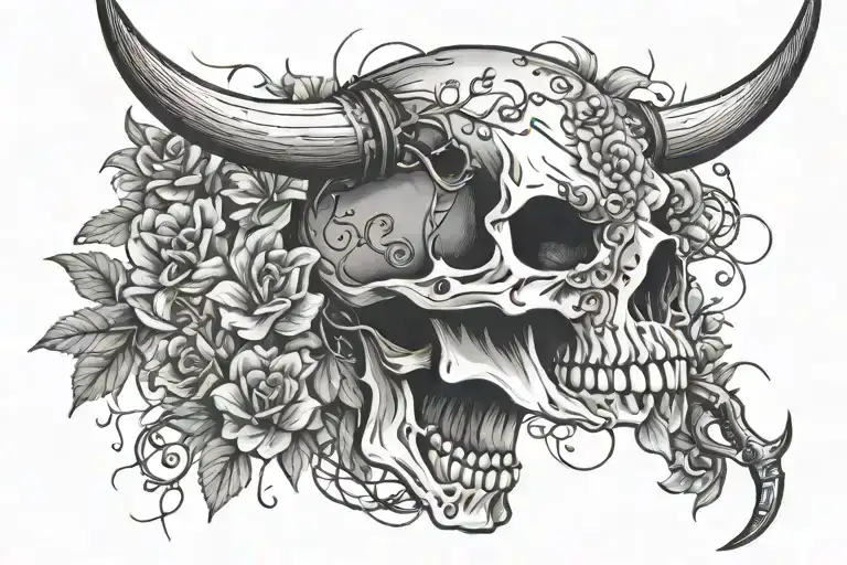Long Horn Skull Small Flowers Barb Wire