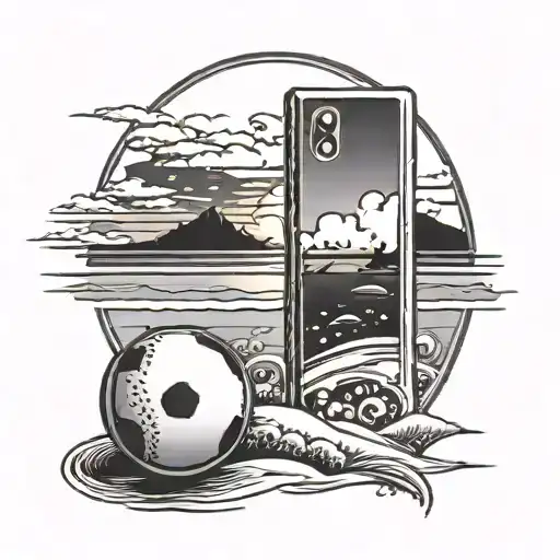 Beach Sunset With A Domino Piece At The Right Corner And A Baseball Ball At The Left Corner