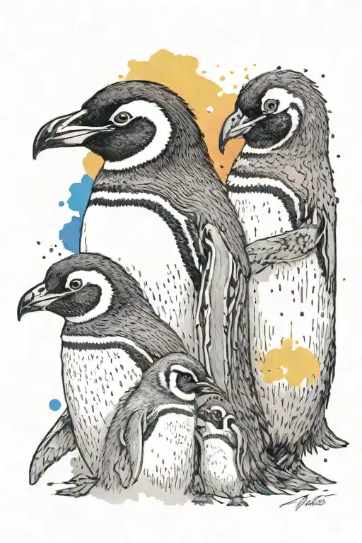 2 Penguins With Baby Penguin And Watercolour Rainbow Background