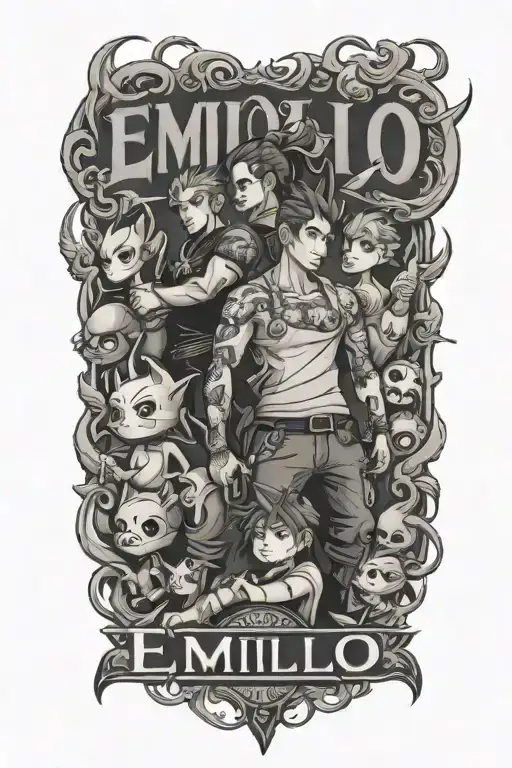 Tattoo Of My Sons Name Emilio With Anime Characters