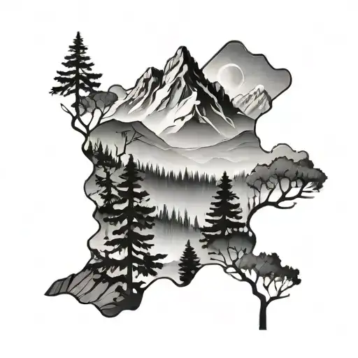 Mountain Range With Tree Silhouette
