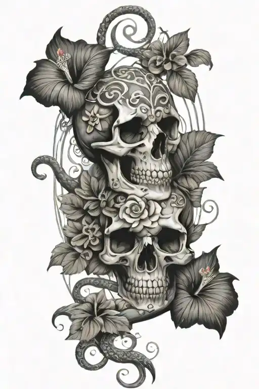 Snake Skeleton With Hibiscus Flowers Surrounding