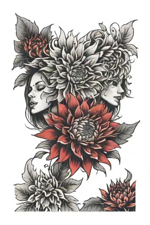 Blurred Eyes Connected To Each Other With Red Chrysanthemums In The Background