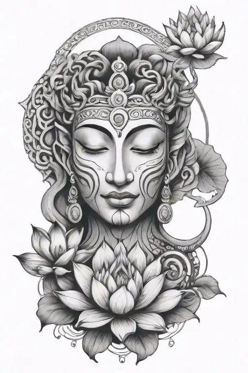 Peaceful Shivan Face Merged With Temple And Lotus And Snake