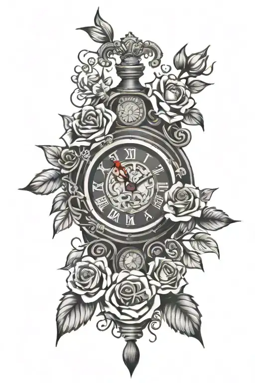 Clock With Roses And Chinesse Symbols With Red