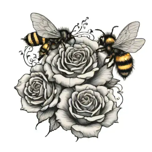 A Rose With Two Bees Sitting On One Petal