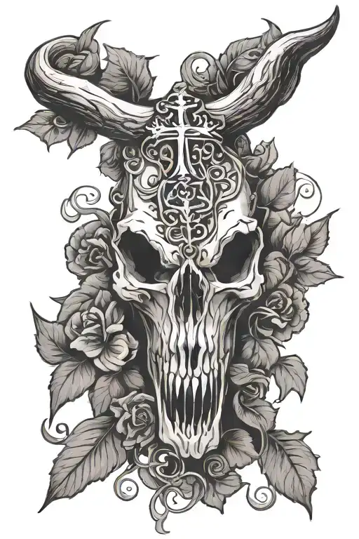 Bull Skull With Vines And A Cross Intertwined Girly