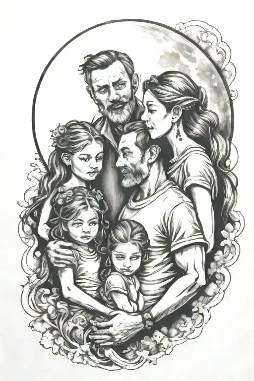 Father With 3 Daughters Staring At Moon