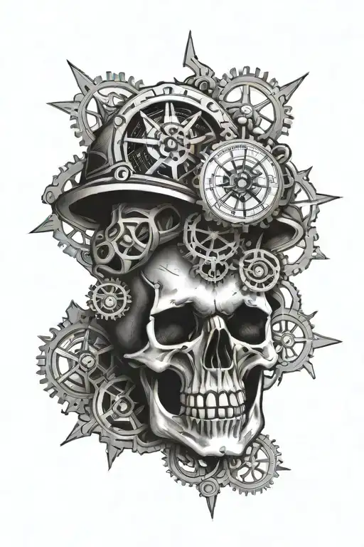 Skull With Gears And Compass Rose