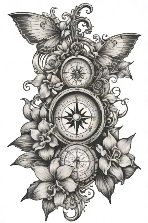Moral Compass Tattoo Incorporating Orchid Flowers And Christianity
