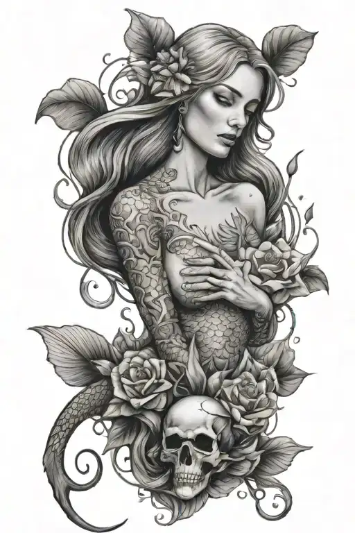 Crying Mermaid Looking Up Holding Scull Surrounded By Water Plants