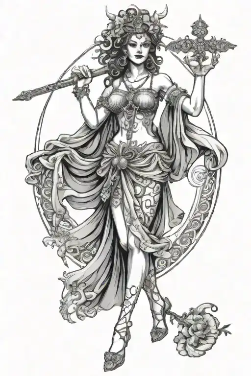 Goddess Themis In Full Growth In Lace Lingerie With A Sword And Scales In Her Hands