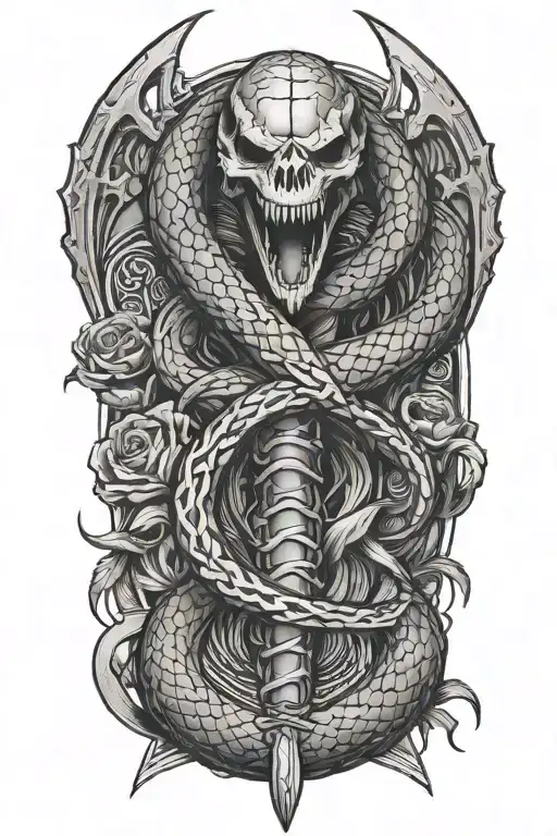 The Skelaton Of A Snake Wrapping Around A Dagger