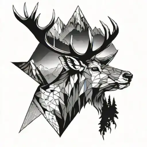 Geometric Stag Head With Mountain Backdrop Scenery