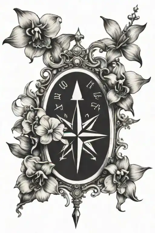 Moral Compass Tattoo Incorporating Orchid Flowers And Christian Symbols