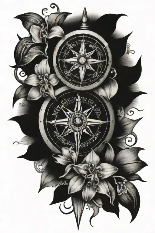 Moral Compass Tattoo Incorporating Christianity And Orchid Flowers