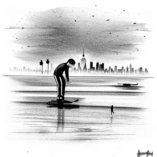 Skater Standing On The Shore On The Background Throgh The River New York City