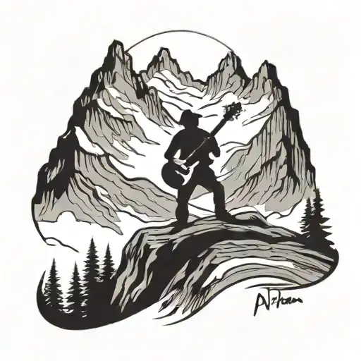 A Minimalist Black-grey Tattoo Of A Silhouette Of A Person Playing Guitar On A Mountain Peak