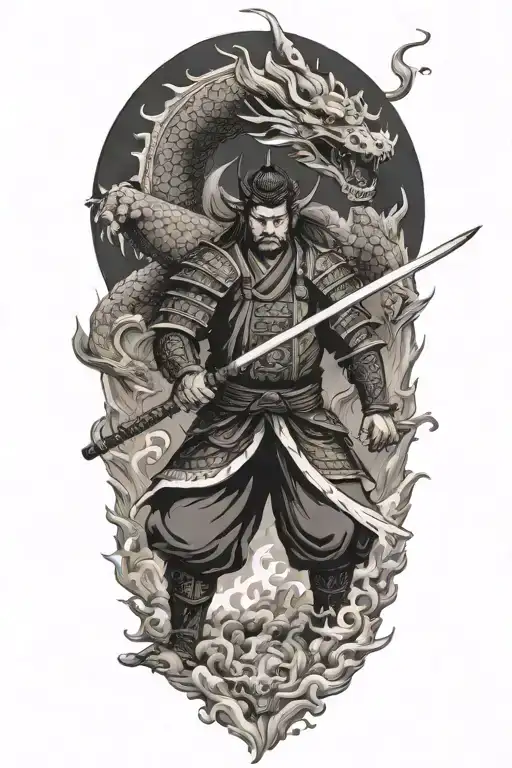 Samurai Fighting Dragon Breathing Fire
