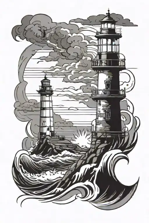 Non-working Lighthouse On A Rock In The Sea With Thunderstorm And Waves Tattoo Idea