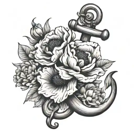 Navy Anchor With Peony And Poppy Flowers Growing