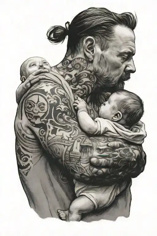 A Man Holding A Baby In Front Of A Refrigerator