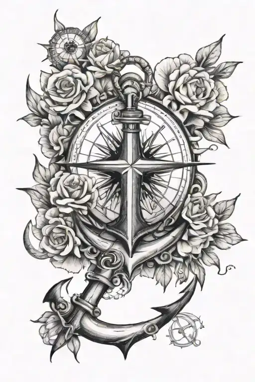 Anchor And Compass Surrounded In Flowers