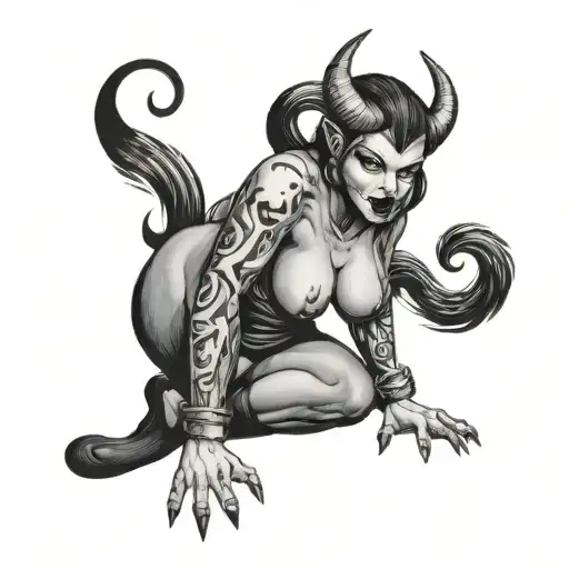 Demon Crouchng Full Body Pinup Girl Dressed Like