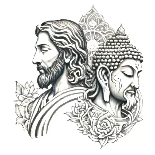 A Modern Interpretation Of Jesus And Lord Buddha Facing Each Other In A Serene Setting