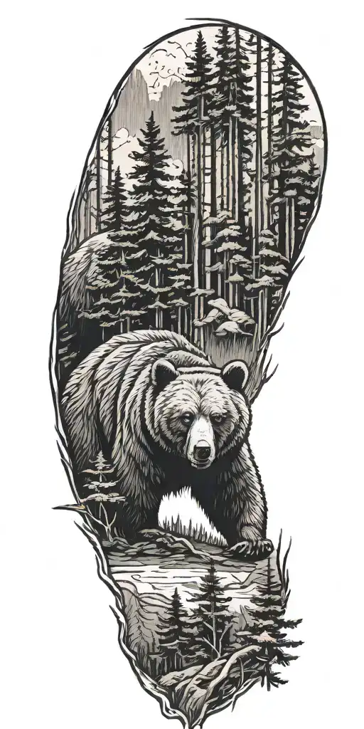 Bear And Pine Forest