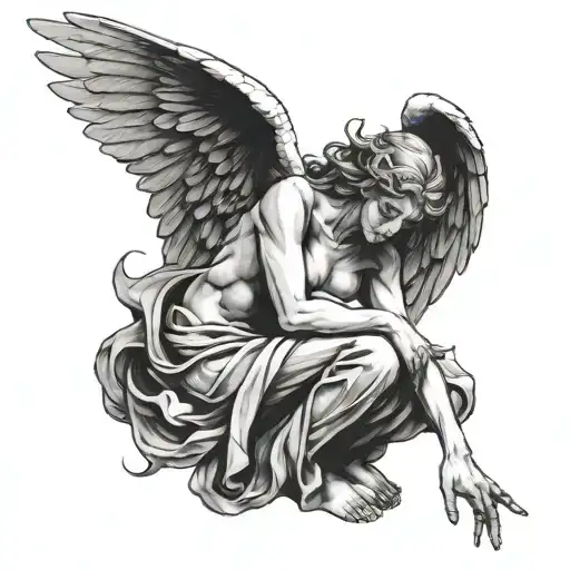 Make A Tattoo Design Of A Full Body Angel With Horns That Is Crying