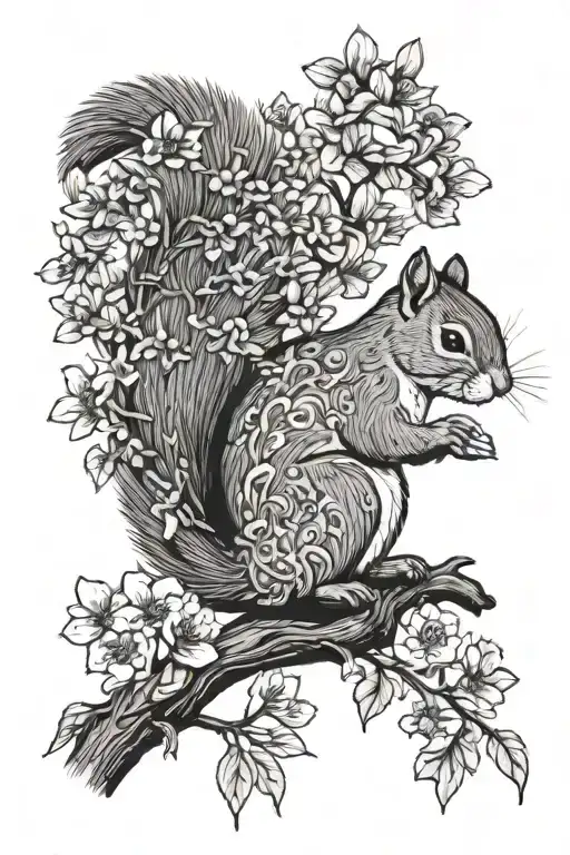 Squirrel In A Tree With Wildflowers Below