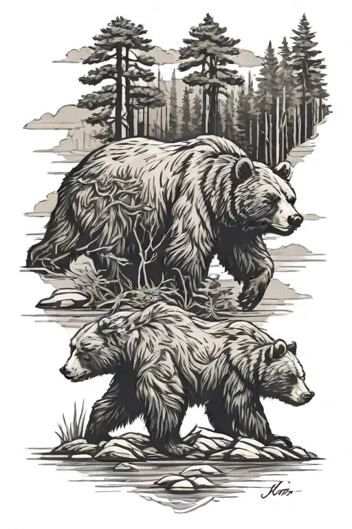 Bear And Pine Forest At River Flowing