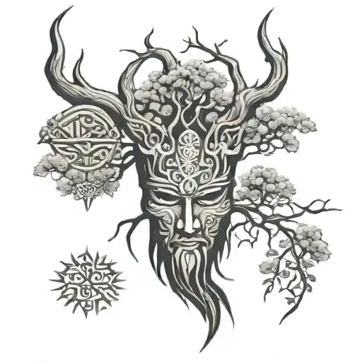 The Tree Of Life Japanese Mask And Viking Runes