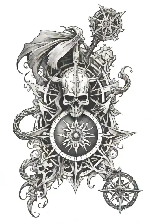 Skeleton And Viking Compass Surrounded By Sheilds And Fire