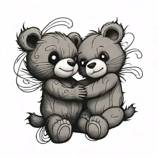 Stitched Up Big And Little Teddy Bears Hug Each Other