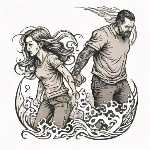 A Father And Daughter Holding Hands With A Fiery Background And Waves Crashing Around Them